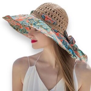 Boho Floral Wide Brim Crochet Straw Sun Hat Adjustable Summer Festival NWT